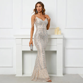 Sexy V-Neck Pink Sequin Party Maxi Dress with Straps and Beading - Long Prom Evening Dress for Women