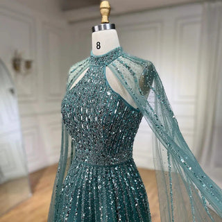 2024 Arabic Turquoise A-Line Cap Sleeve Beaded Luxury Dubai Evening Dress: Gowns for Women's Wedding Party