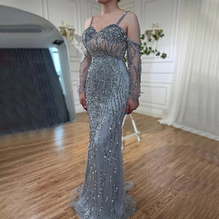 Grey Mermaid Spaghetti Strap Evening Gown: Luxury Beaded Elegance for Weddings and Parties 2024