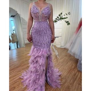 Ships in 1 to 3 Days - Pink Mermaid Evening Dress 2024 with Sexy High Split, V-Neck, Feather Beaded Luxury - Ideal for Women's Wedding Party