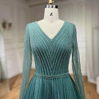 Turquoise Muslim Elegant A-Line Evening Dress with Beaded Details for Formal Events 2024