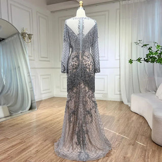 Arabic Grey Elegant Mermaid Beaded Tassel Luxury Dubai Long Evening Dress - Women's Party Gown 2024