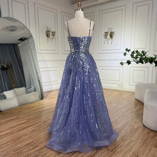 2024 Arabic Blue A-Line Elegant Beaded Luxury Evening Gowns for Women with Detachable Cape Sleeves | Party