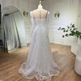 Dubai White A-Line Luxury Evening Dress with Pearls and Beaded Long Sleeves - Women's Wedding Party Gown 2024