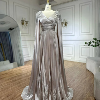 2025 Nude Beaded Satin A-Line Evening Gown with Cape Sleeves - Saudi Arabic Formal Dress