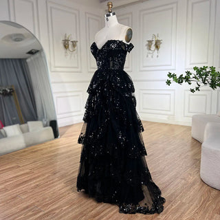 Arabic Black High Split Spaghetti Strap A-Line Lace Beaded Evening Dresses Gowns for Women's Wedding Party