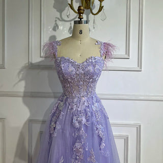 2024 Lilac Spaghetti Strap Lace-Up Back A-Line Appliques Feathers Prom Dress for Women Wedding Party