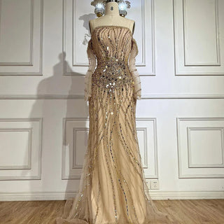 Ships in 1 to 3 Days - 2024 Arabia Gold Mermaid Luxury Beaded Off-Shoulder Dubai Evening Dress - Gown for Women's Wedding Party