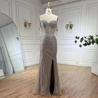 Ships in 1 to 3 Days - 2024 Silver Nude Off-Shoulder Mermaid Elegant Beaded Tassel Evening Dresses Gown for Women Wedding Party