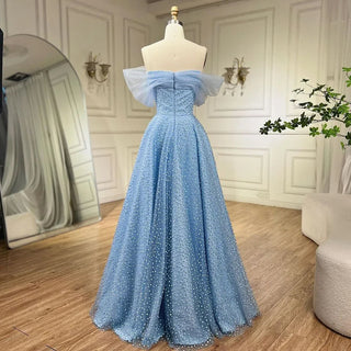 Arabic Blue Elegant A-Line Floor Length Luxury Evening Dress - Beaded Wedding Party Gown for Women