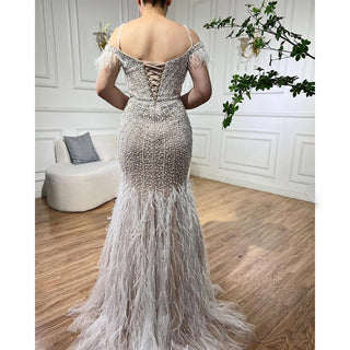 White Swan Opulence: Sexy Beaded Mermaid Evening Dress with Luxury Feathers - 2024