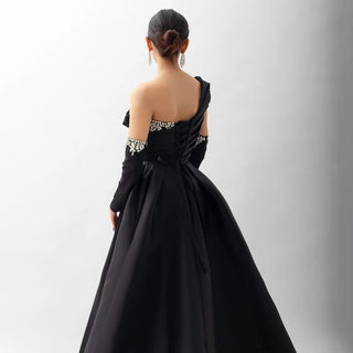 2024 Black One-Shoulder Satin A-Line Beaded Evening Gown with Sleevelets for Women’s Party - Saudi Dress