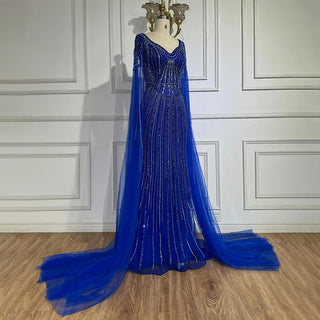 Dubai Royal Blue Elegant Cape Sleeves Beaded Arabic Luxury Evening Dresses: Gowns for Women's Party 2024