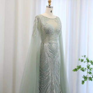 Luxury Dubai Mermaid Sage Green Evening Dress with Cape Sleeves: 2024 Blue Plus Size Women Wedding Party Gowns