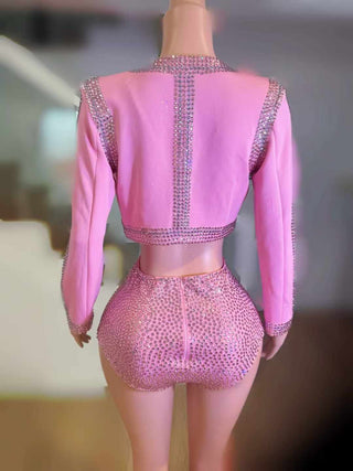 Sparkling Rhinestone Crop Jacket and Shorts Set