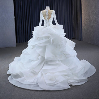 Luxury Long Sleeve Ruched Empire Bridal Wedding Ball Gown Dress