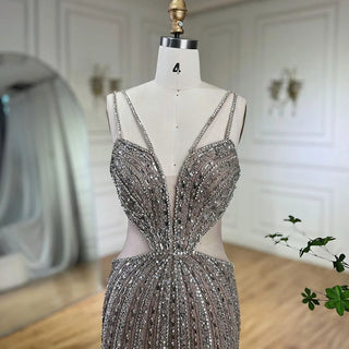 Gray Cut Out Spaghetti Straps Elegant Mermaid Evening Dresses Gowns Luxury Beaded For Woman Party 2024