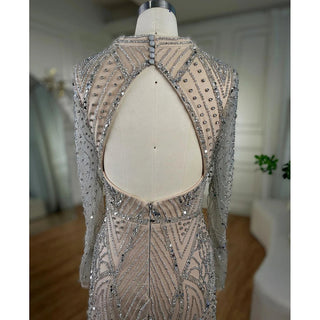 Ships in 1 to 3 Days - Arabic Silver Nude Long Sleeves Beaded Dubai Mermaid Evening Gown 2024: Elegant Party Dress for Women