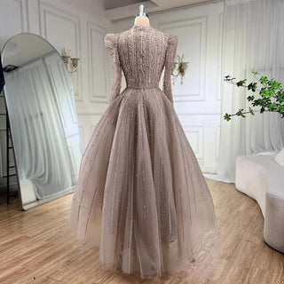 Muslim A-Line Luxury Pearls Beaded Nude Midi Ankle-Length Evening Dress - Formal Women's Wedding Party