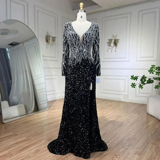 Elegant 2024 Dubai Black Mermaid Evening Dresses: Luxury V-Neck, Long Sleeves, Ideal for Arabic Women's Formal Party Gowns