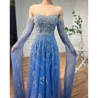 Ships in 1 to 3 Days - Blue A-Line Off-Shoulder Cape Sleeves Evening Dress 2024 - Beaded Luxury Gown for Women's Arabic Party