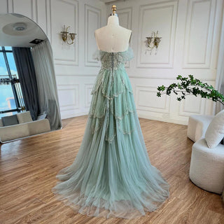 Ships in 1 to 3 Days - Arabic Sage Green A-Line Elegant Spaghetti Strap Luxury Beaded Evening Dress for Women Wedding Party 2024