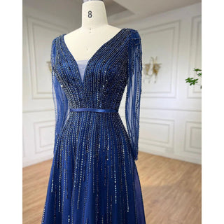 Modest Navy Blue Elegant A-Line Beaded Luxury Evening Dress - Formal Occasion Party Gown for Women