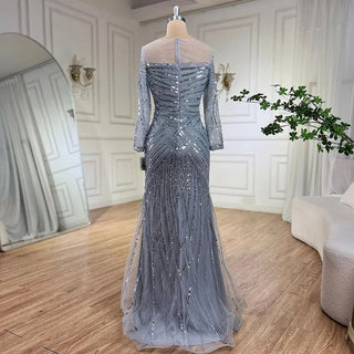 Luxury Dubai Blue Mermaid Evening Dresses for Women: Elegant White Long Sleeve, Perfect for Wedding 2024 Formal Prom Gowns