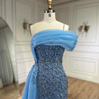 Blue One-Shoulder Beaded Pearls Mermaid Evening Dress Gown with Split for Party