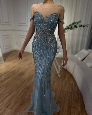 2024 Blue Mermaid Prom Gown with Beaded Detailing - Luxury Saudi Evening Dress for Formal Occasions