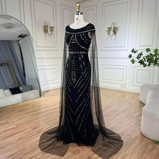 2024 Arabic Blue Mermaid Elegant Cape Sleeves Beaded Luxury Evening Dresses Gowns for Women Wedding Party