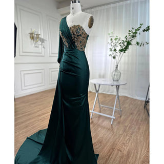 Green One Shoulder Satin Arabic Evening Dress - Women's Party Gown 2024