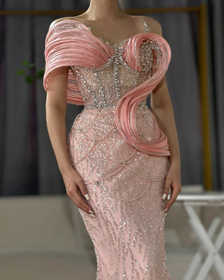 Pink Mermaid One-Shoulder Beaded Cut-Out Evening Dress Gown for Wedding Party