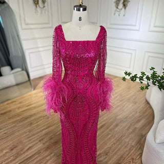 Muslim Fuchsia Luxury Beaded Feathers Mermaid Women Wedding Party Dubai Gowns Long Evening Dresses 2024