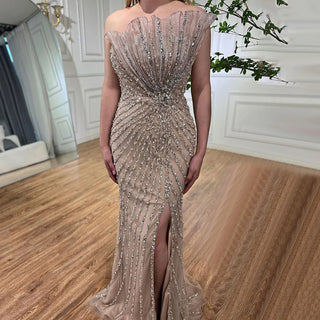 Caramel High Split Off Shoulder Mermaid Evening Dress - Beaded Gown for Women Wedding Party 2024