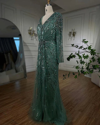 Ships in 1 to 3 Days - Arabic Turquoise Elegant Mermaid Evening Gown: Beaded Open Split for Women's Wedding Party 2024