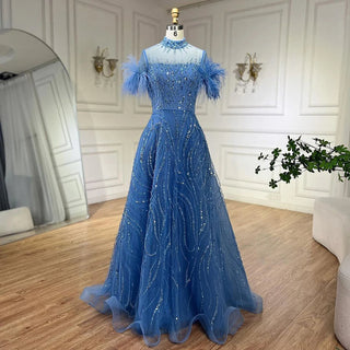 Arabic Blue A-Line Sleeveless Luxury Evening Dress: Beaded Feathers for Women's Wedding Party