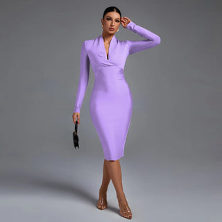 High-Quality V-Neck Draped Long Sleeve Bandage Dress - Elegant Knee-Length Dress for Women