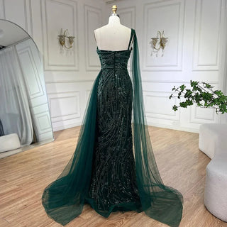 2024 Green One Shoulder Mermaid Evening Dress with Cape Overskirt: Perfect for Women's Wedding Party and Long Prom Formal Events