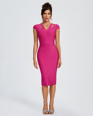 Ships in 1 to 3 Days -Sophisticated Fuchsia Midi Dress with Keyhole Cutouts