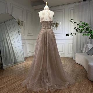 Arabian Nights: 2024 Caramel Elegant A-Line Luxury Evening Dress - Dubai Sequins Beaded Tassel Formal Halter Dress