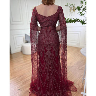 Wine Red Luxury Cape Sleeve Evening Gown 2024 - Beaded Mermaid Elegant Dress for Women's Party