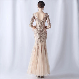 Sexy Gold Sequin Feather Long Sleeve Prom Dress - Evening Party Maxi Dress for Women