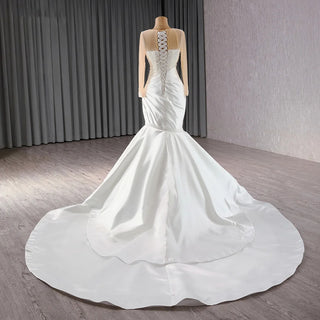 Exclusive Long Sleeve Satin Mermaid Wedding Dress with Pearls and Ruffles