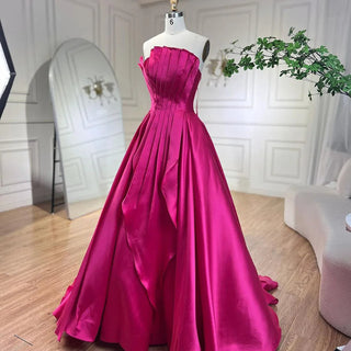 Fuchsia A-Line Dubai Evening Gown 2024: Beaded Luxury Strapless for Women's Wedding Party