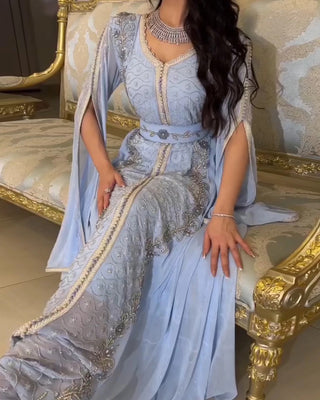 Dubai Blue Evening Dress for Women Elegant Long Sleeves Muslim Arabic Formal Wedding Party Gown