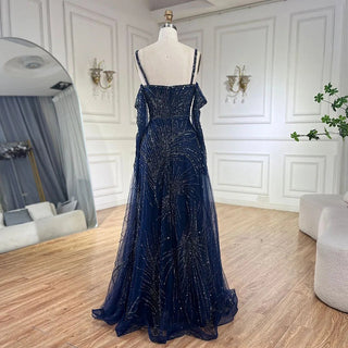 Arabic Navy Blue A-Line Spaghetti Strap Beaded Long Evening Dress - Elegant Party Gown for Women 2024