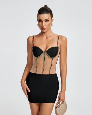 Metal Chain Skin Mesh Black Bandage Mini Dress - Sexy Tight Strap Night Club Dress for Women