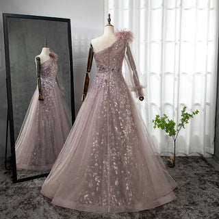 Pink A-Line Split Evening Gown 2024: Beaded Elegant Feathers, One Shoulder for Women Party