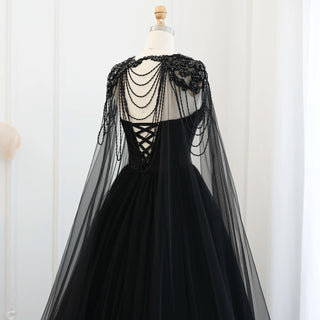 Gothic Black Tulle Arabic Evening Dress with Cape Sleeves Elegant Women 2024 Luxury Dubai Formal Party Gowns